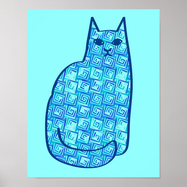 Póster Mid-Century Modern Cat, Turquoise and Navy (Frente)