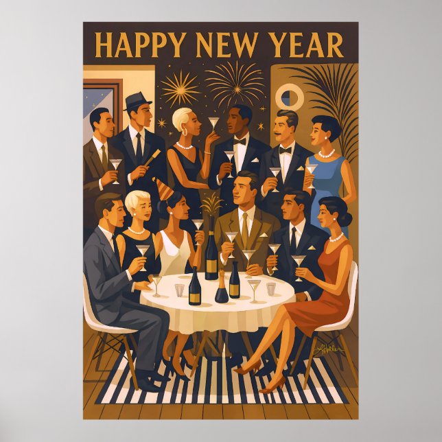 Póster Mid Century Modern Martini Intellectuals New Year (Frente)