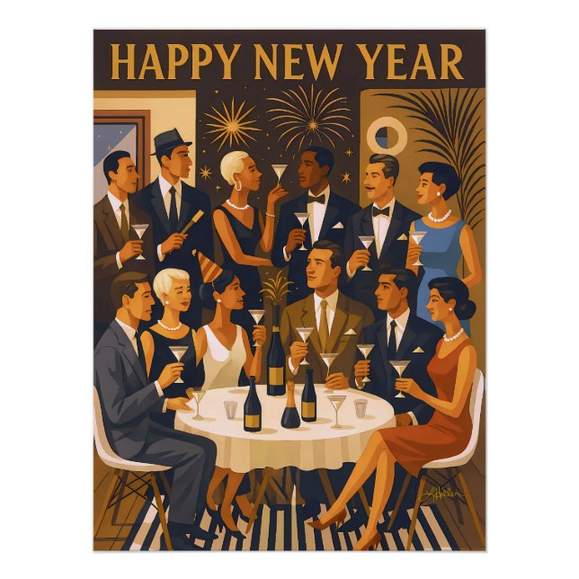 Póster Mid Century Modern Martini Intellectuals New Year (Anverso)