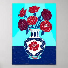 Póster Mid-Century Modern Red Peonies in Chinoiserie Vase