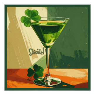 Póster Mid Century Modern Shamrock Martini Sláinte! 