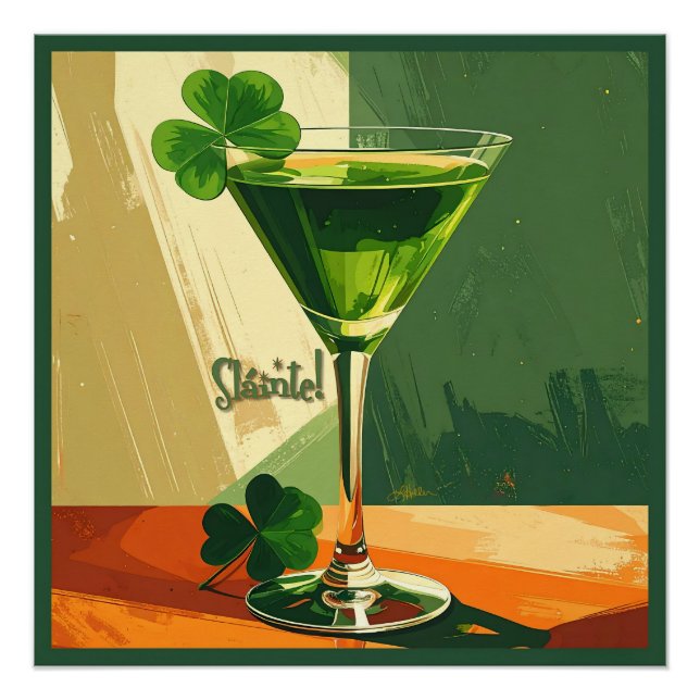 Póster Mid Century Modern Shamrock Martini Sláinte!  (Anverso)