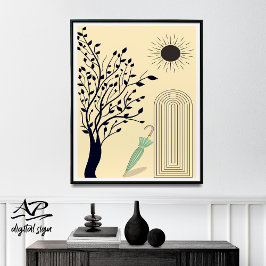 Póster Mid Century Modern Wall Art, Green Umbrella 