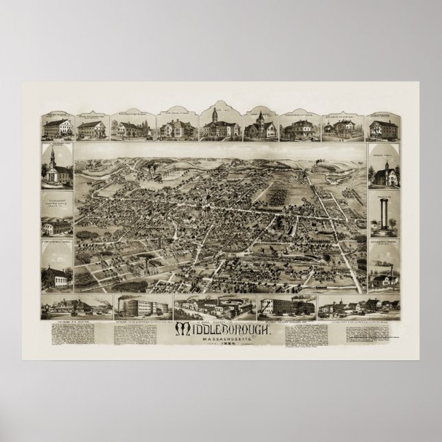 Póster Middleborough, MAMÁES Mapa Panorámico - 1889 (Frente)