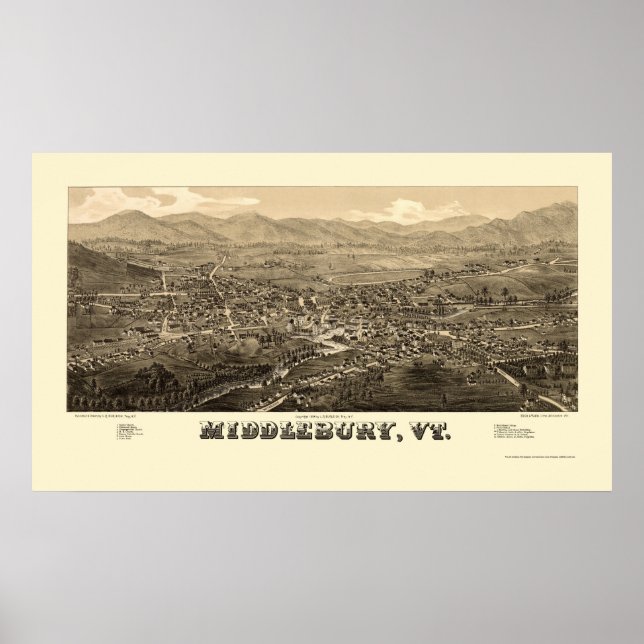 Póster Middlebury, mapa panorámico VT - 1886 (Frente)