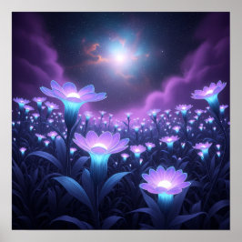 Póster Midnight Bloom Field under Glowing Cosmic Sky