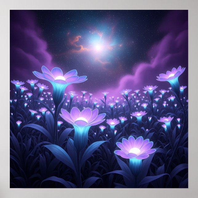 Póster Midnight Bloom Field under Glowing Cosmic Sky (Frente)