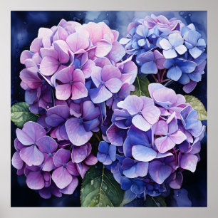 Póster Midnight Garden Violet Hydrangea Watercolor