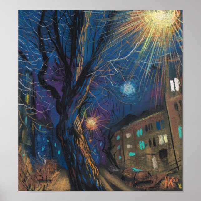 Póster Midnight Sun, Night Street Tree Landscape Painting (Frente)