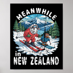 Póster Mientras tanto en Nueva Zelanda Kiwi ovejas esquí