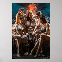 Póster Mighty Barbarian Surrounded by Sexy Women