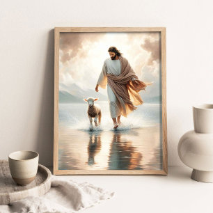 Póster Milagro Compartido, Jesús y Cordero, Pintura Crist