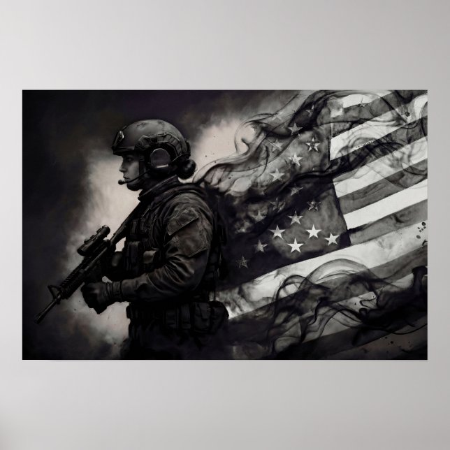 Póster Military Female American Flag Smoke Ink Monochrome (Frente)