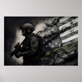 Póster Military Green Line Tribute Smoke American Flag