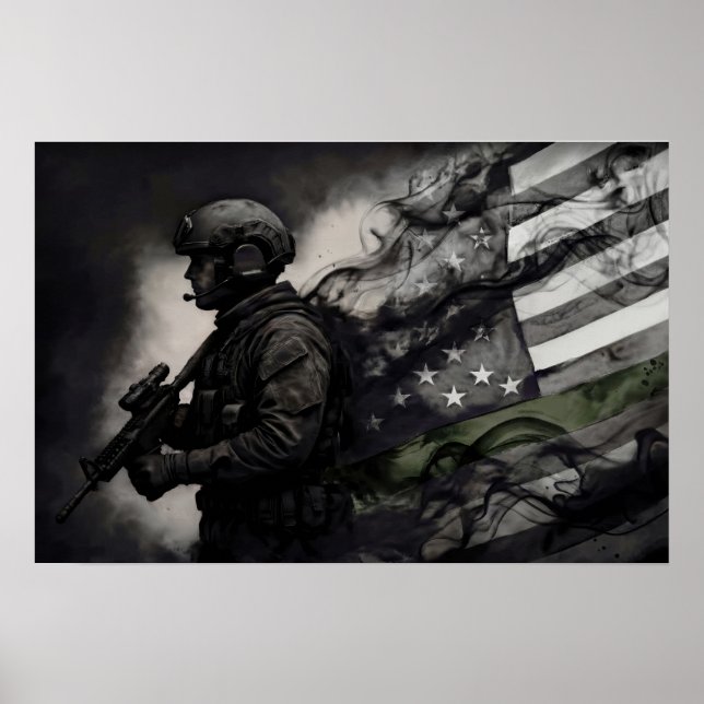 Póster Military Green Line Tribute Smoke American Flag (Frente)
