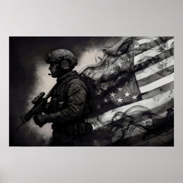 Póster Military Smoke Ink American Flag Black & White Art