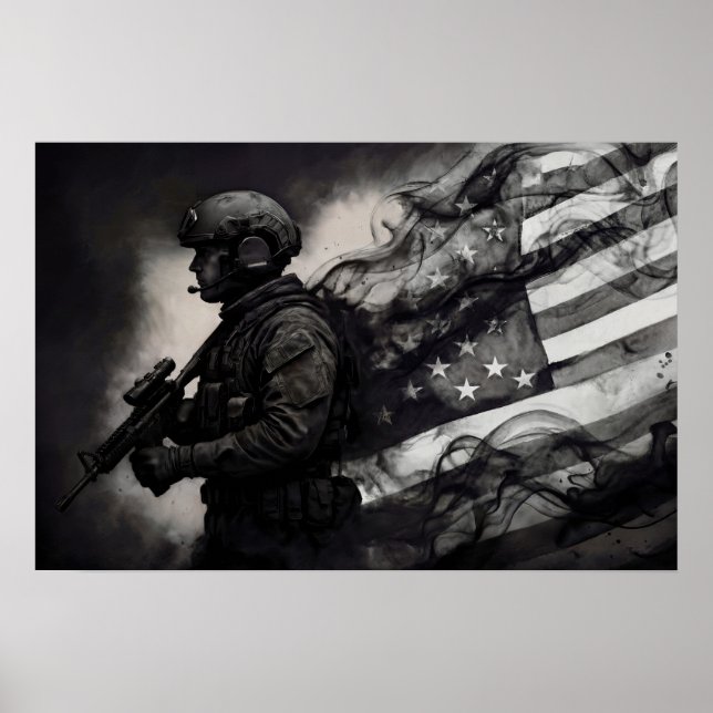 Póster Military Smoke Ink American Flag Black & White Art (Frente)