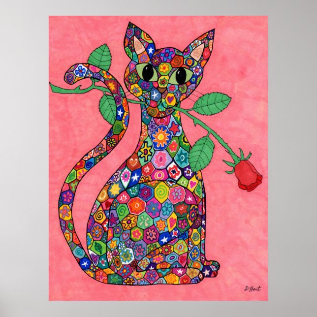Póster Millefiori Cat con rosa roja (Frente)