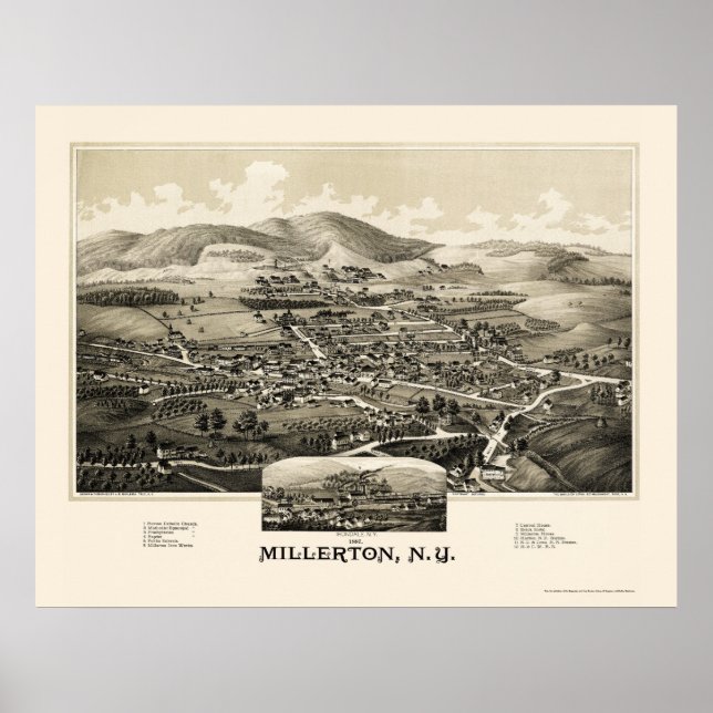 Póster Millerton Con Irondale, Mapa Panorámico NY - 1887 (Frente)