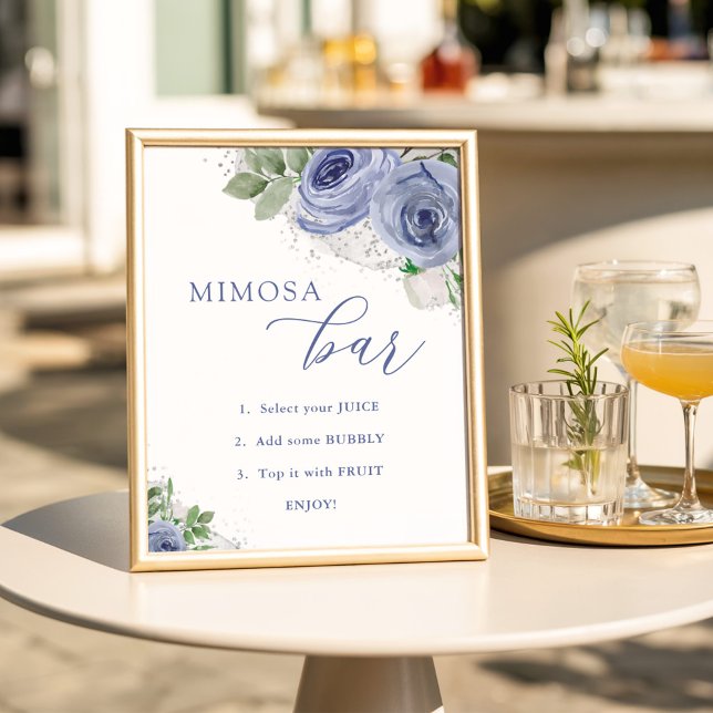 Póster Mimosa Bar, Baby Shower floral azul y plateado (Subido por el creador)