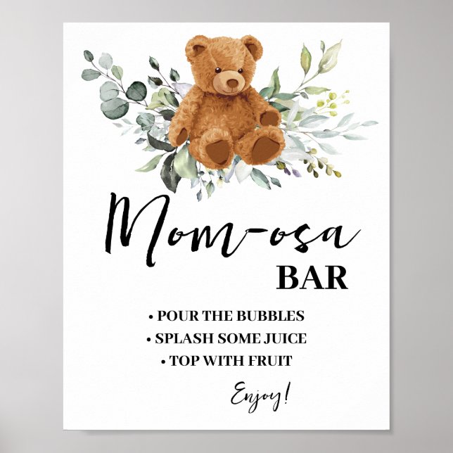 Póster Mimosa Bar Momosa Bar Bear Greenery Baby Shower (Frente)