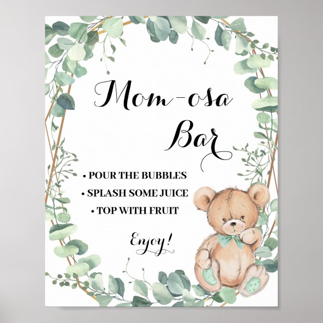 Póster Mimosa Bar Momosa Bar Bear Greenery Baby Shower (Frente)