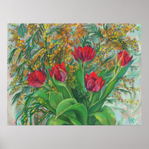 Póster Mimosa y tulipanes, flores de primavera, pintura f
