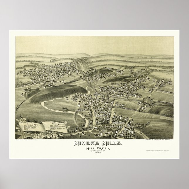 Póster Miner's Mills, Mapa Panorámico PA - 1892 (Frente)