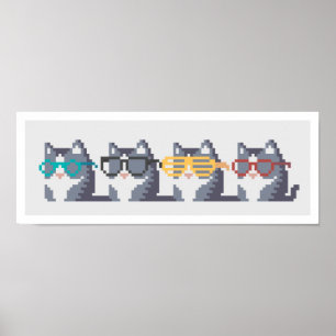 Póster Mini Gatos Con Gafas Fila Pixel Art