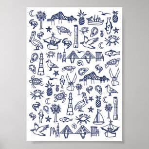 Póster Mini Poster de la tela Charleston azul y blanca de