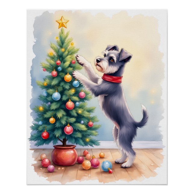 Póster Miniature Schnauzer Decorating Christmas Tree Dog  (Anverso)