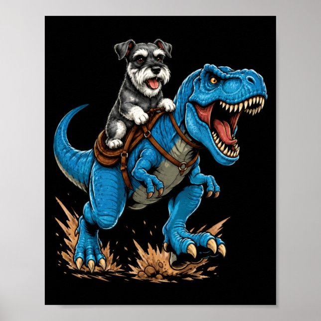 Póster Miniature Schnauzer montando T Rex Dinosaurio Dive (Frente)