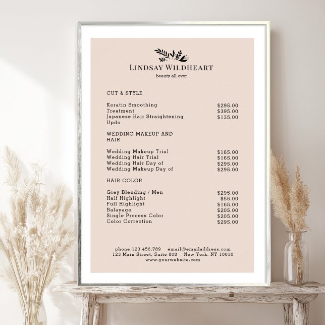 Póster Minimal Beige Botanical Salon Price List Poster (Custom Minimal Beige Botanical Salon Price List Poster. Print & Instant Download.)