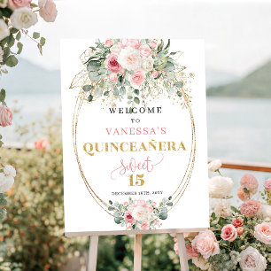 Póster Minimal Bienvenida a Quinceañera con Rosa y Dorado