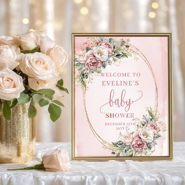 Póster Minimal Bienvenida Flores Rosa Polvoriento Dorado  (Minimal Welcome Dusty Pink Flowers Gold Glitter)