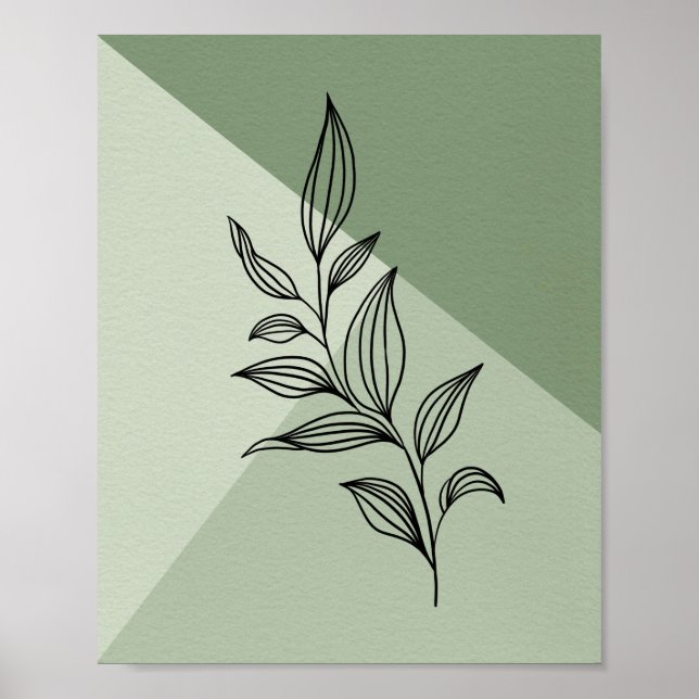 Póster Minimal Botanical Line Art Leaves on Sage Green (Frente)