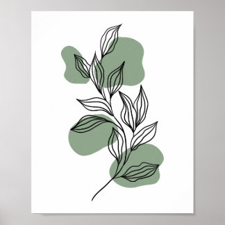 Póster Minimal Botanical Line Art Leaves with Sage Green 