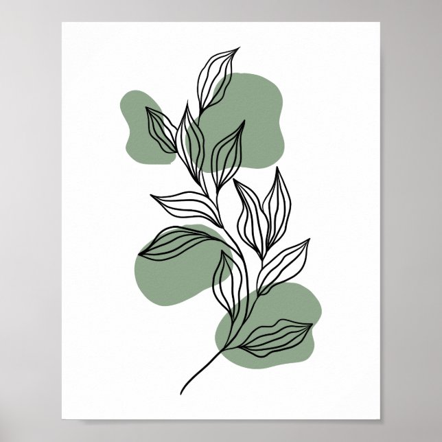 Póster Minimal Botanical Line Art Leaves with Sage Green  (Frente)