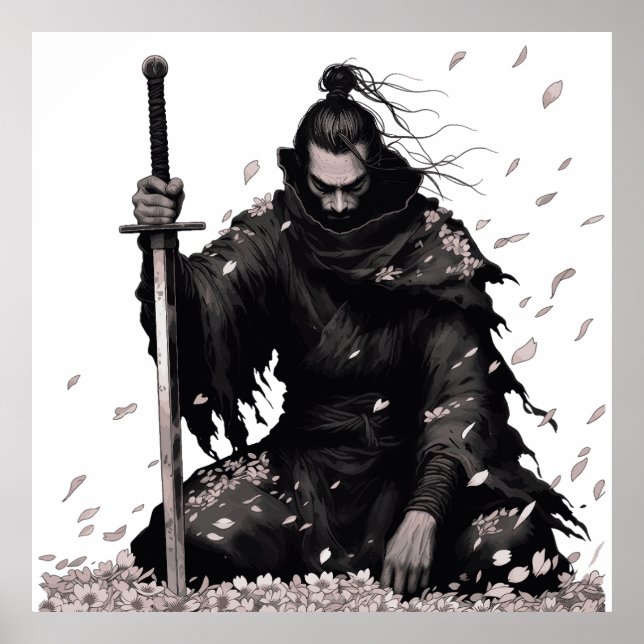 Póster Minimal Dark Samurai Warrior with Sakura Petals Ja (Frente)