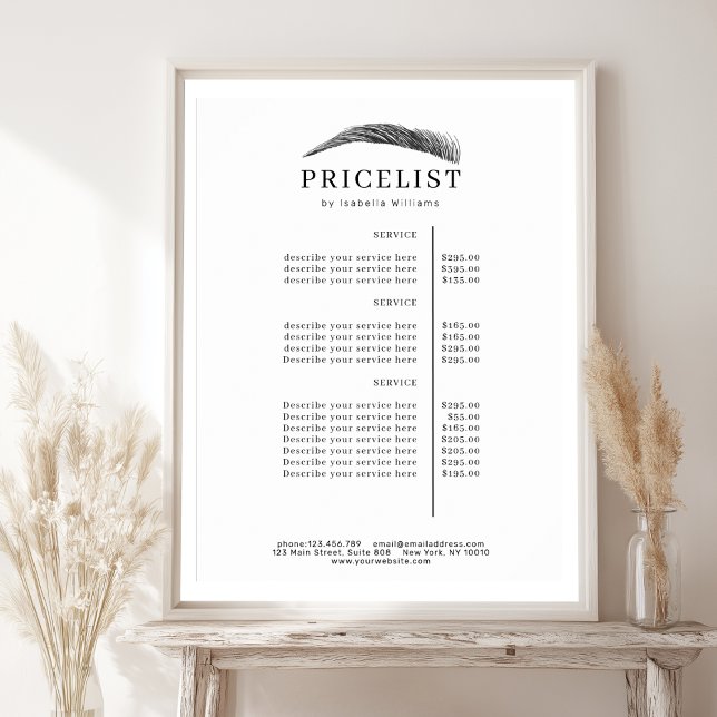 Póster Minimal Elegant Eyebrow Salon Pricelist (Minimal Elegant Eyebrow Salon Pricelist Poster)