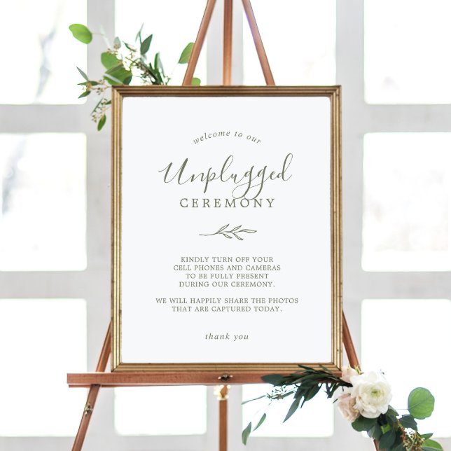 Póster Minimal Leaf | Olive Green Unplugged Ceremony Sign (Subido por el creador)
