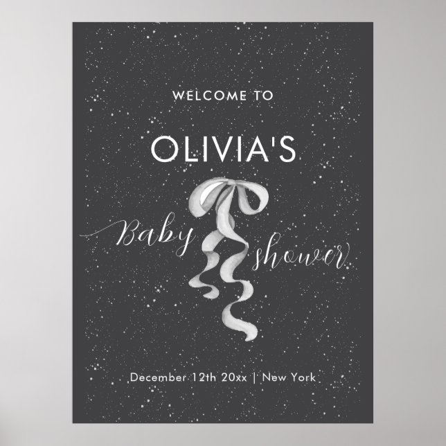 Póster Minimal Silver Bow Winter Snow Baby Shower Welcome (Frente)