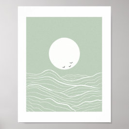 Póster Minimal Sun and Ocean Waves Line Art 