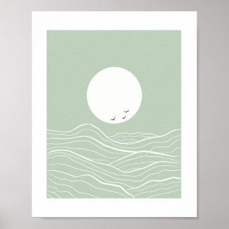 Póster Minimal Sun and Ocean Waves Line Art 