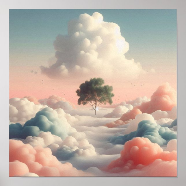 Póster Minimal Surreal Tree Above Soft Pastel Clouds (Frente)