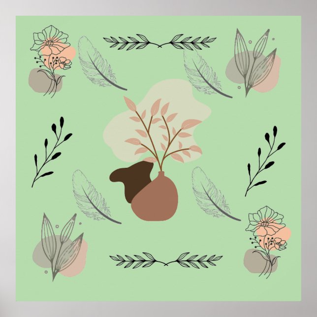 Póster Minimal vase, feathers and floral boho art- (Frente)