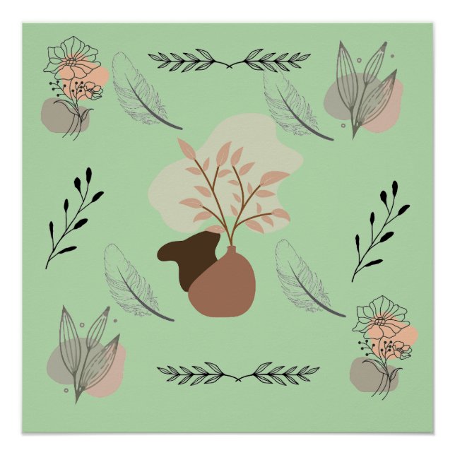 Póster Minimal vase, feathers and floral boho art- (Anverso)