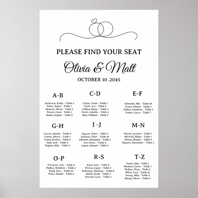 Póster Minimal Wedding Alphabetical Seating Chart Poster (Frente)