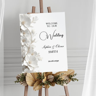 Póster Minimalist 3D White Floral  Wedding Welcome Sign 
