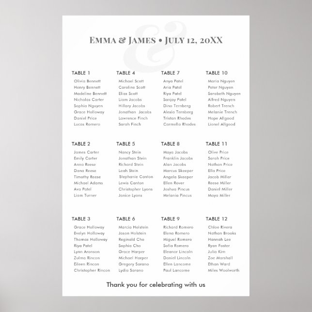 Póster Minimalist Ampersand Wedding | Seating Chart 12 (Frente)